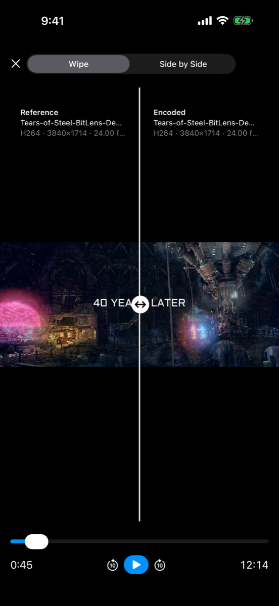 Side-by-side and wipe video comparison