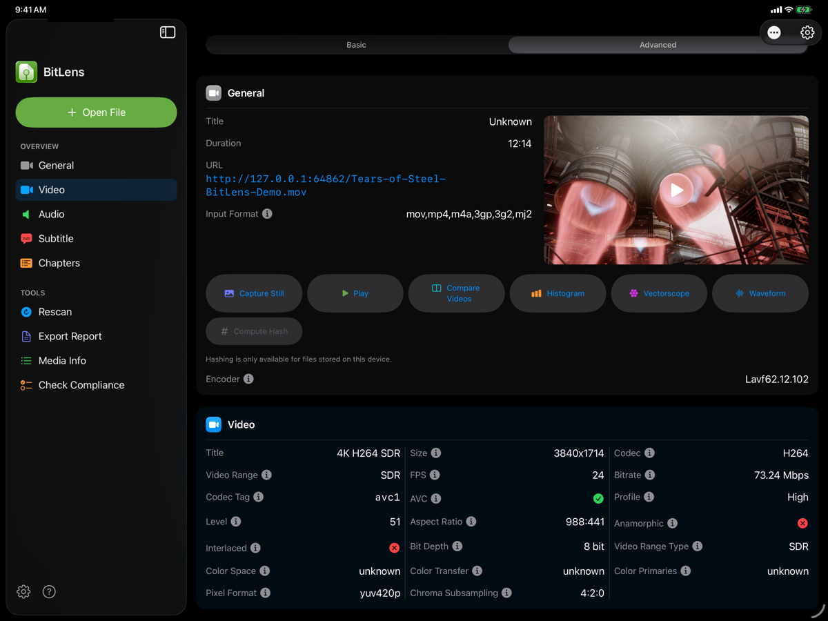 Advanced video metadata on iPad: codec, resolution, color, and stream detail