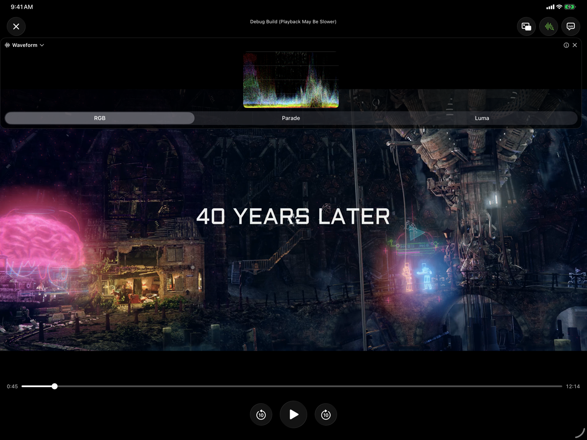 Playback on iPad with a live waveform scope tracking the frame