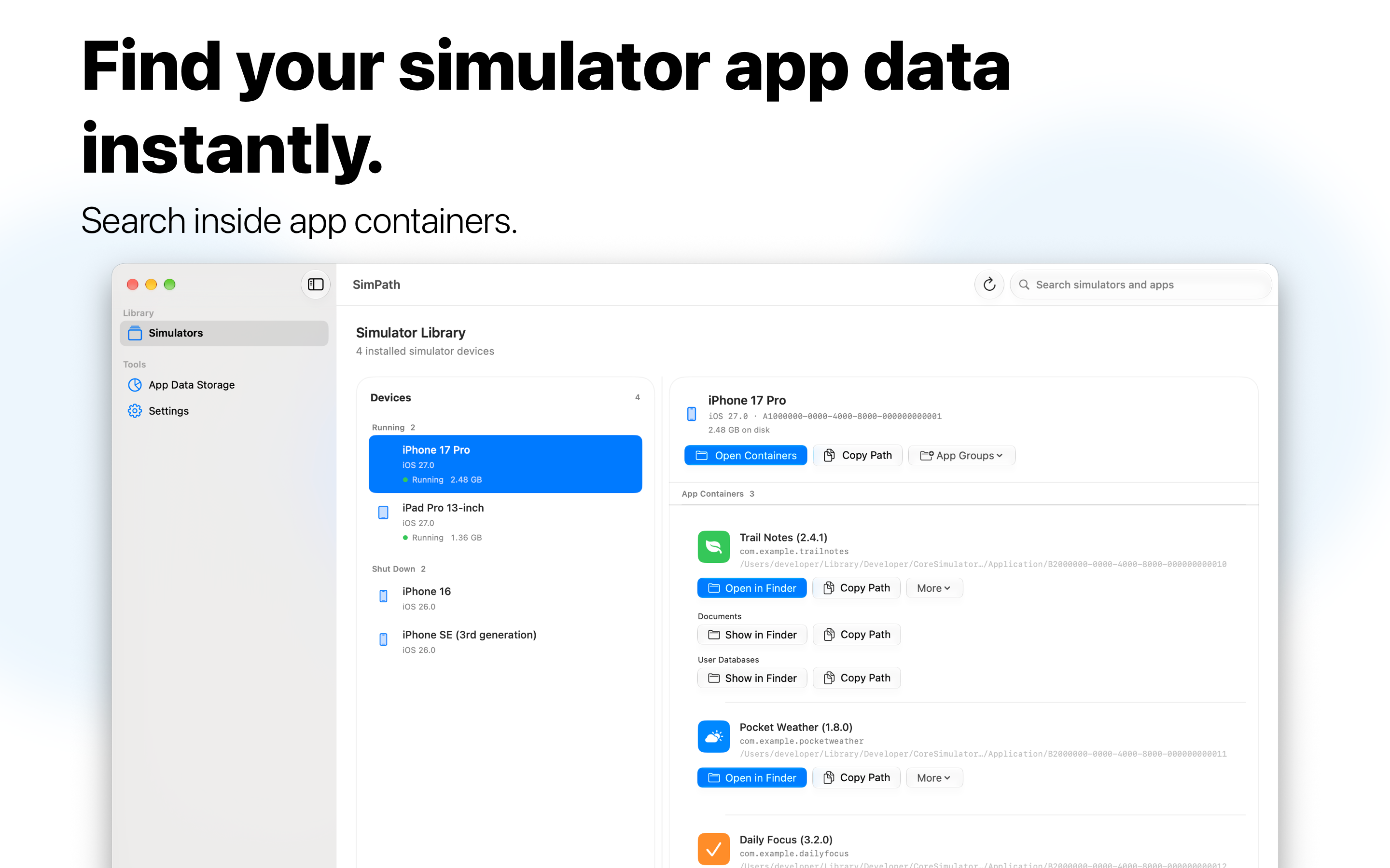 SimPath Simulator Library with running and shut-down devices and app data folders