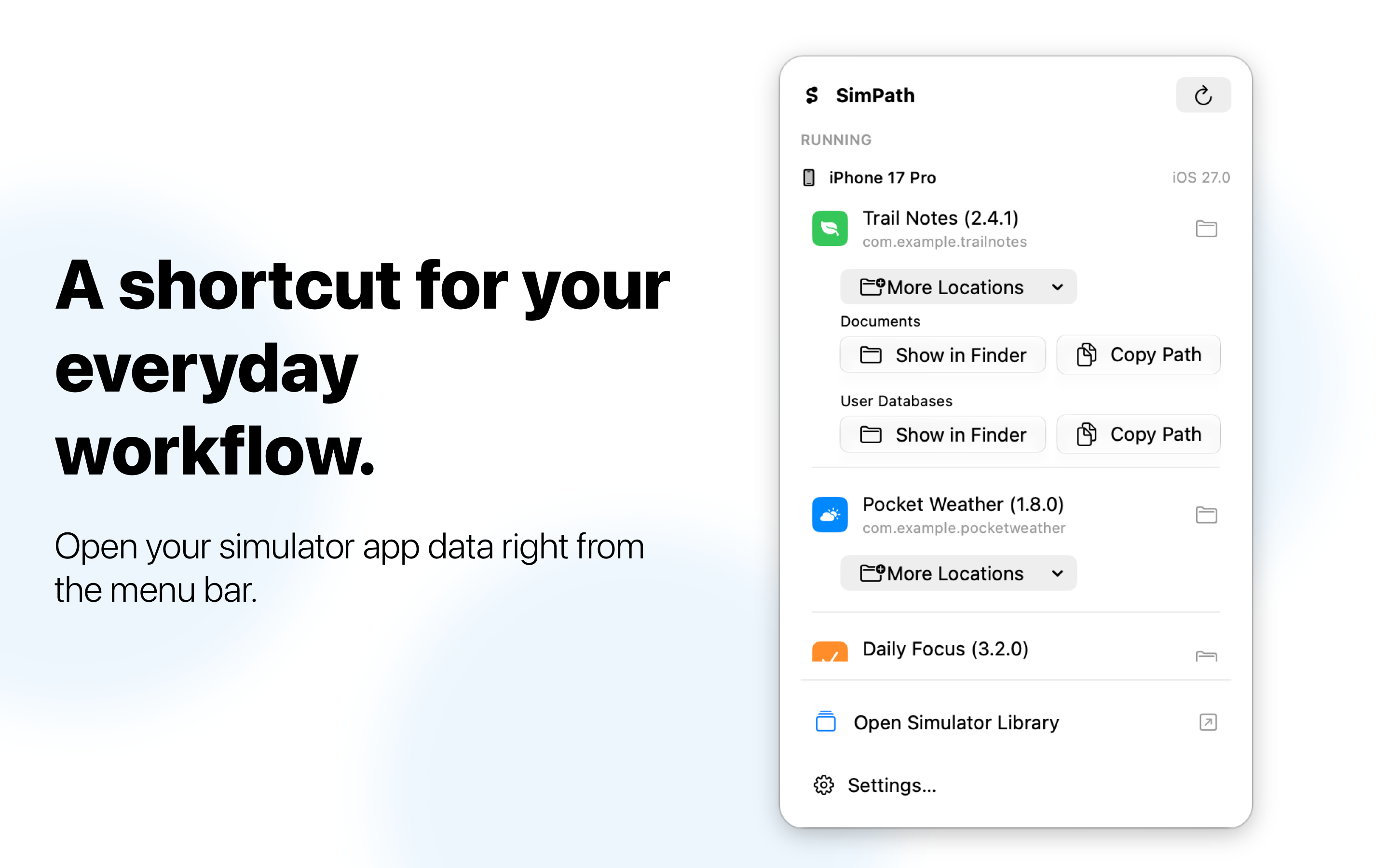SimPath menu-bar popover with quick access to running simulators and app folders