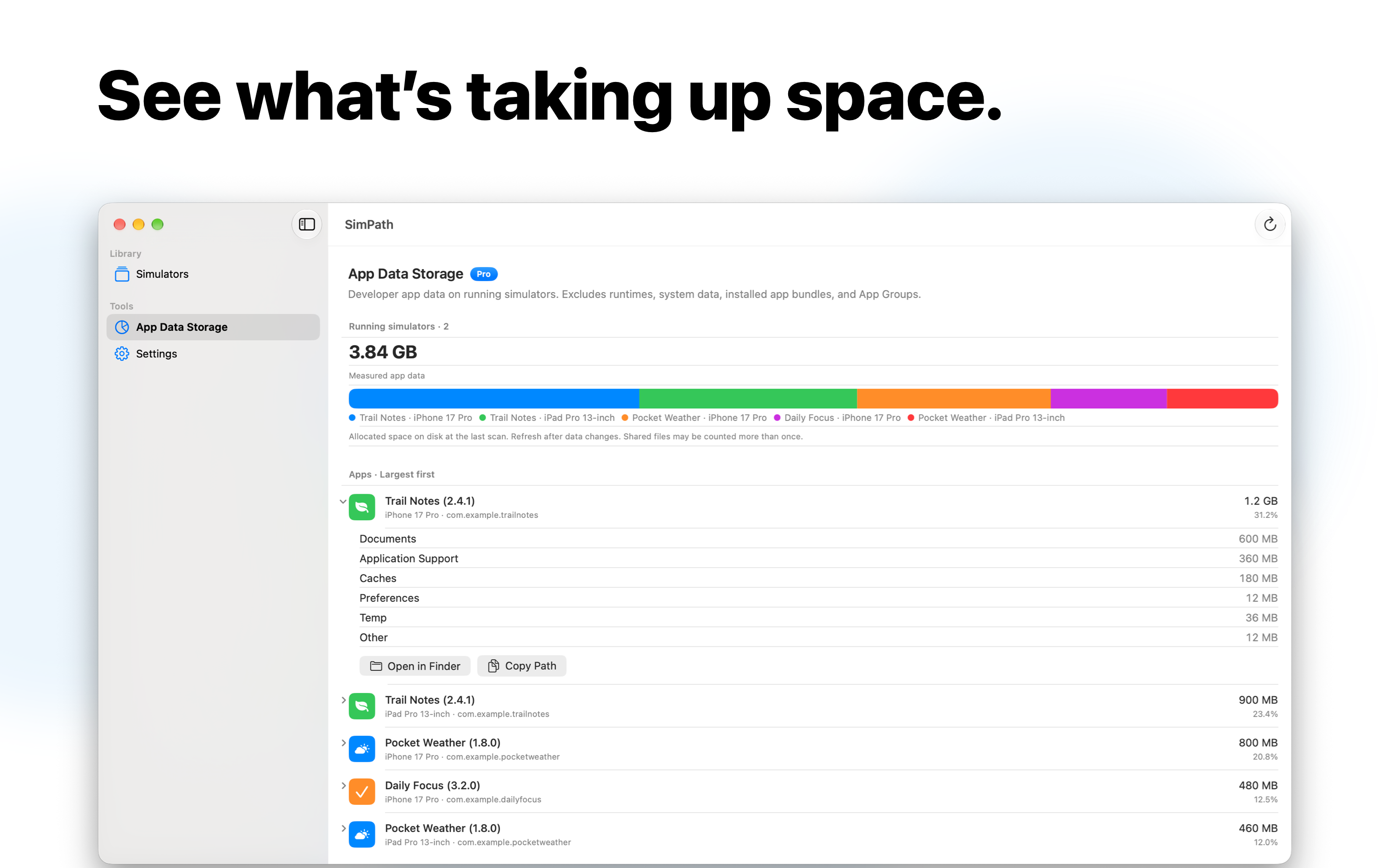 SimPath App Data Storage showing simulator apps ranked by storage usage